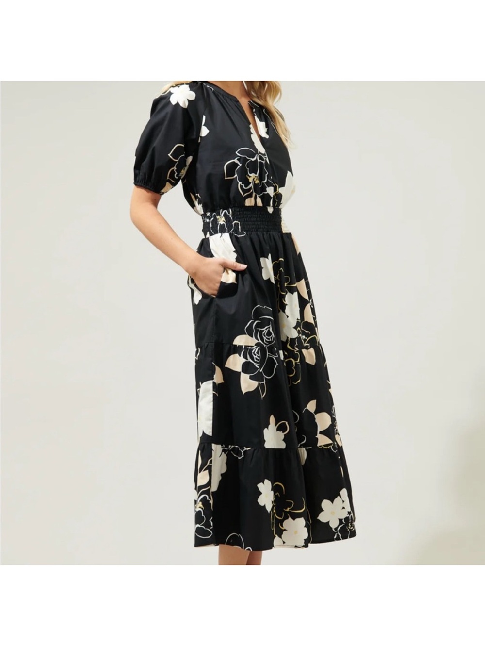 Sugarlips Black Midi Dress with Cream Floral Print